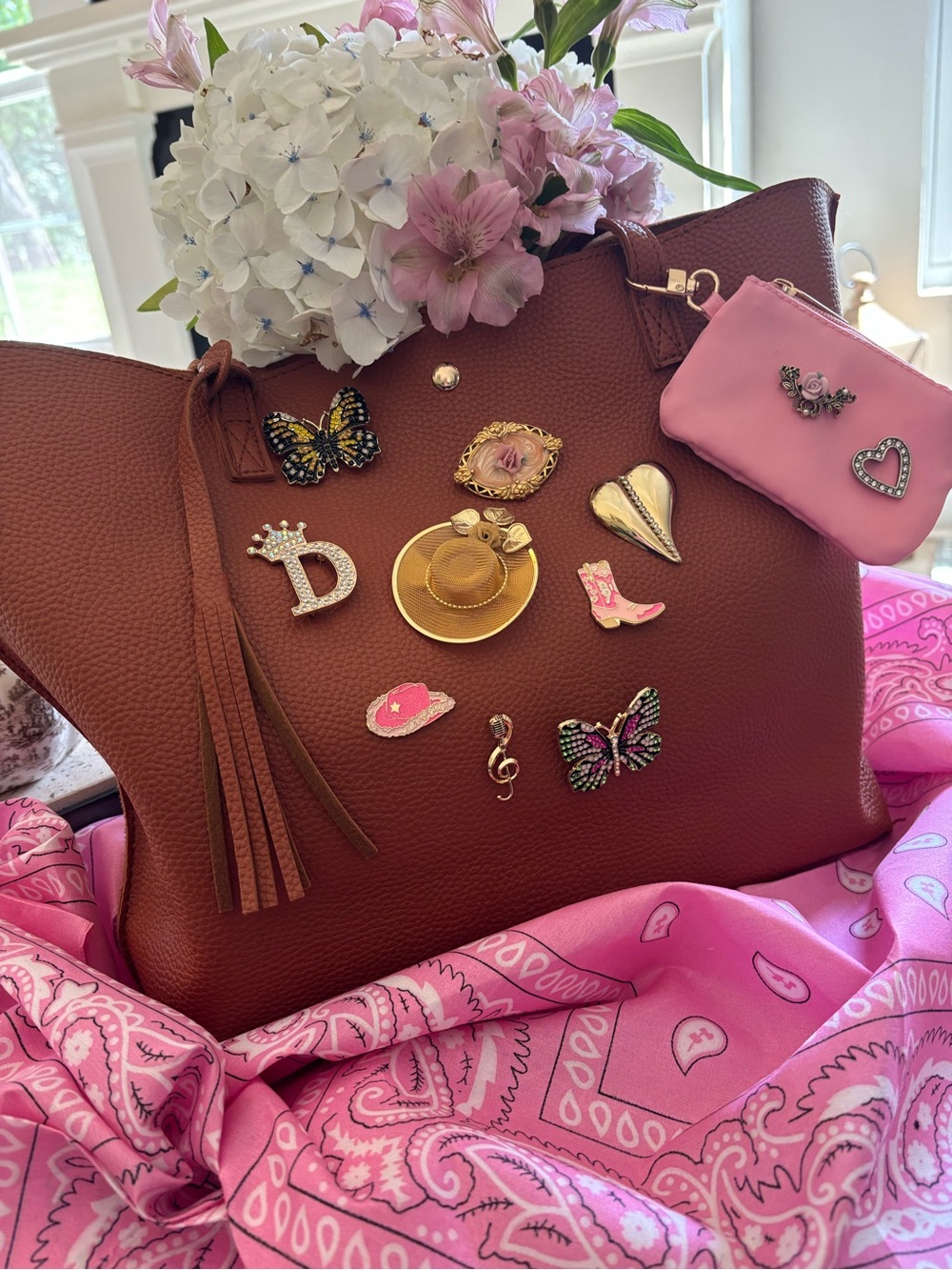 Dolly Parton Theme Brown Tote Bag with Pink Coin Purse - Brown and Pink